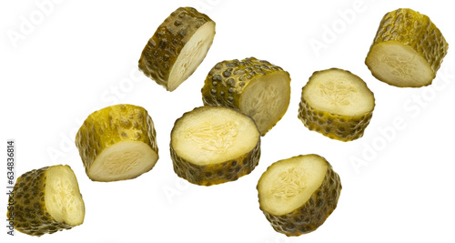 Pickled cucumber slices isolated on white background