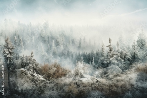Abstract misty forest landscape in panoramic watercolor with frozen taiga. Long and wild nature scene. Generative AI © Zeno