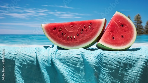  two pieces of watermelon are sitting on a blanket. generative ai