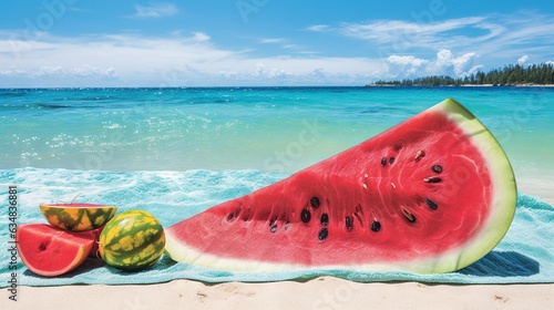  a slice of watermelon on a towel on the beach. generative ai