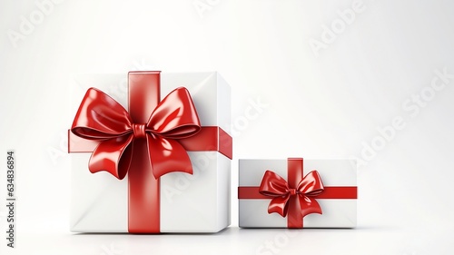 Gift boxes with red ribbon and space for text on white