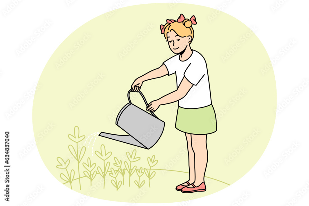 Little girl child holding can watering flowers in garden. Happy kid take care of plants outside. Gardening and horticulture. Vector illustration.