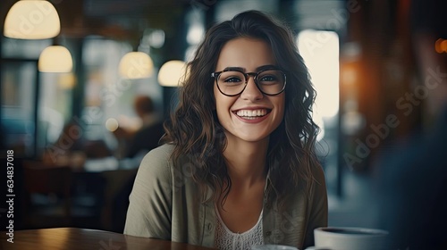 Smiling female writer wearing glasses.