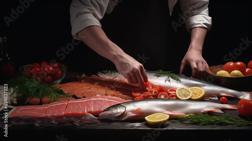 Sea cuisine, Professional cook prepares pieces of red fish, salmon, trout generative ai