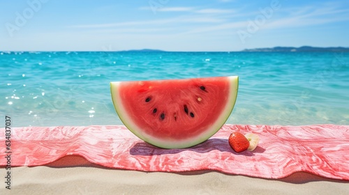  a slice of watermelon sitting on a towel on the beach. generative ai