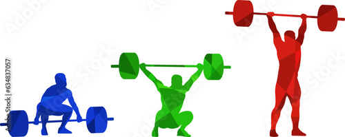 Set of silhouettes of weightlifting athletes on white background. Isolated vector colored images. Abstract blue, green and red vector image of powerlifting sportsmen.	 photo