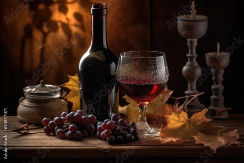 Red wine, oak table, grapes and elegant bottle., generative IA