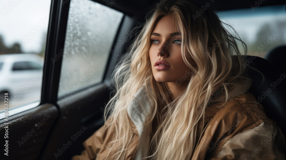 Woman inside a cozy car, driving in a raining day. Generative AI Woman inside a cozy car, driving in a raining day. Generative AI