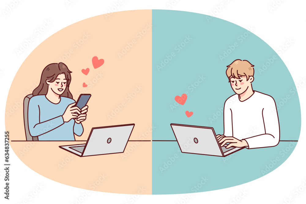 Couple texting online on gadget having relationship on distance. Man and woman message communicate on devices. Love and online dating concept. Vector illustration. Couple texting online on gadget having relationship on distance. Man and woman message communicate on devices. Love and online dating concept. Vector illustration.