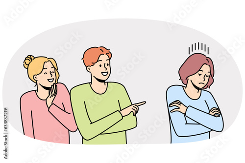 Unfriendly people laugh at lonely girl pointing at her. Bad students bullying gossiping about female mate. Concept of mockery and bully. Vector illustration.