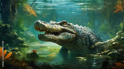  a painting of a large alligator in a swampy area.  generative ai © Anna