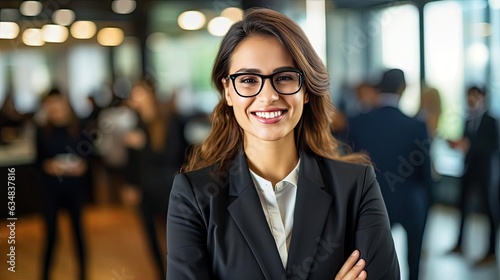 Smiling female lawyer wearing glasses.