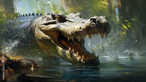  a large alligator is in the water with its mouth open. generative ai