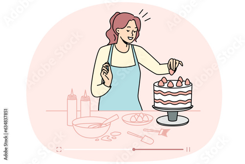 Female food blogger shooting cake recipe on online channel. Woman vlogger make live stream of dessert baking. Homemade bakery. Vector illustration.