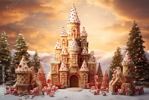 Christmas background with gingerbread houses and christmas trees. 3d rendering, A magical scene of a decorated tree filled with candy and cookies soaring gracefully above a festive, AI Generated