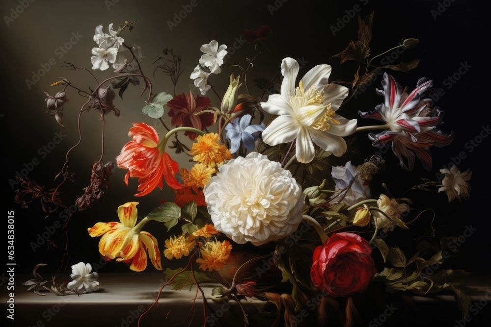 Still life with a bouquet of flowers on a dark background. A painting of a bouquet of flowers, created in the style of Realism, AI Generated