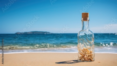 a bottle with a starfish in it sitting on the beach. generative ai