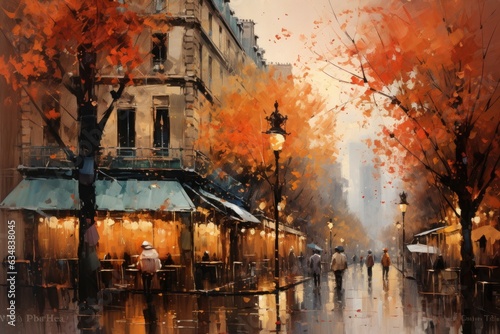 Fototapeta Naklejka Na Ścianę i Meble -  Paris, France. Watercolor painting on canvas of Parisian street view, A painting of a Paris street in autumn with a man walking under the trees and lanterns, AI Generated