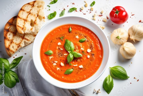 Bowl of hot tomato soup over marble background. Healthy vegetarian dish of roasted tomatoes with garlic and basil. Mediterranean cuisine. Top view.