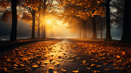 The road in the park strewn with autumn leaves. Autumn landscape of the long road. autumn concept.