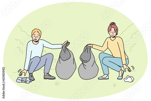 Man and woman pick up trash on street care about nature and environment. Couple volunteers or activist clean outdoors from garbage. Environmental conservation. Vector illustration.