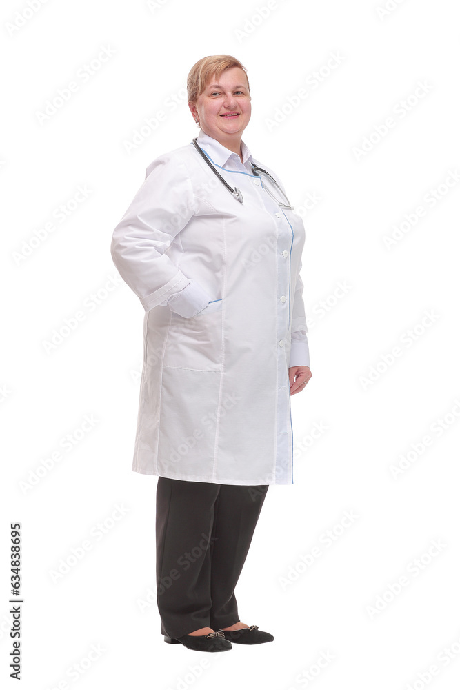 Side view of smiling female doctor with hands in her Side view of smiling female doctor with hands in her