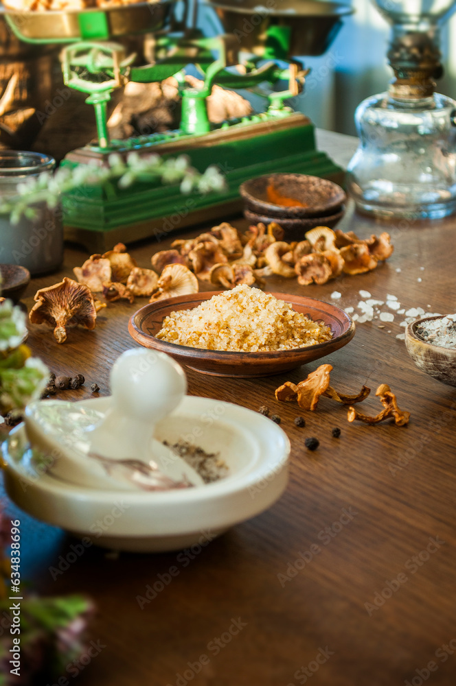 Herbs, seeds, salt and spices in wooden spoons and bowls on wooden table. Set of spices and herbs for cooking. Small bowls with colorful seasonings and spices Herbs, seeds, salt and spices in wooden spoons and bowls on wooden table. Set of spices and herbs for cooking. Small bowls with colorful seasonings and spices