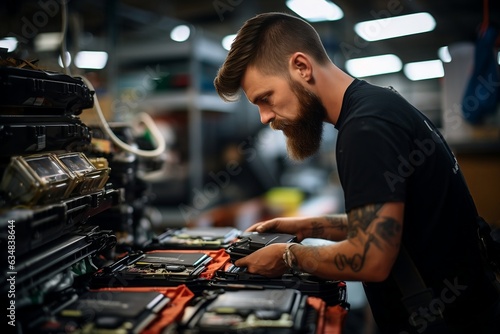 Technician Engages with an EV Car Battery Cell Module. AI
