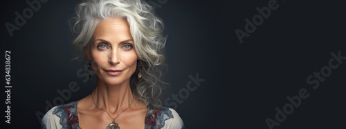 Gorgeous woman, 49 years old, looking to the camera. Generative AI photo