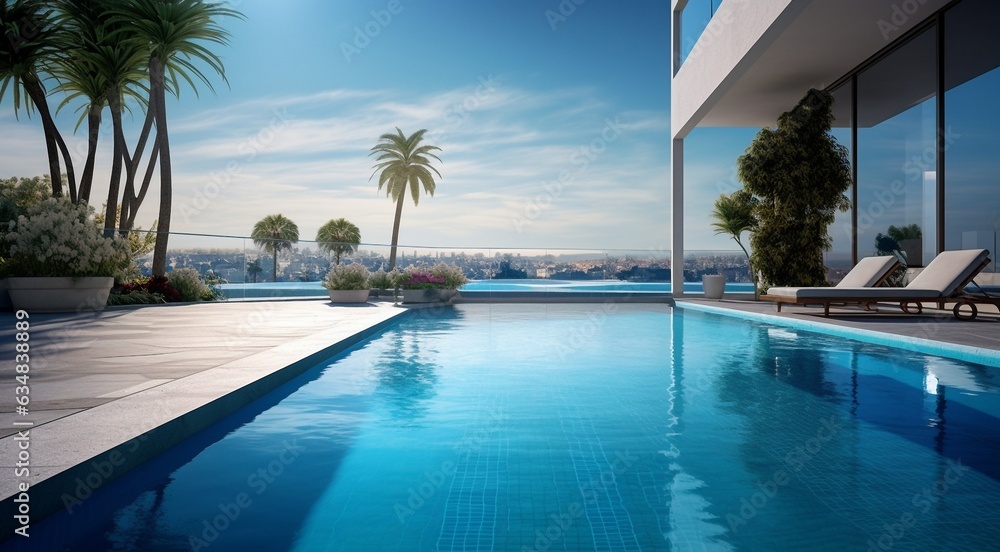modern designed swimming pool, coral blue water in the pool