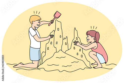Happy kids building sand castle on beach. Smiling children have fun playing on seashore on summer vacation. Vector illustration.