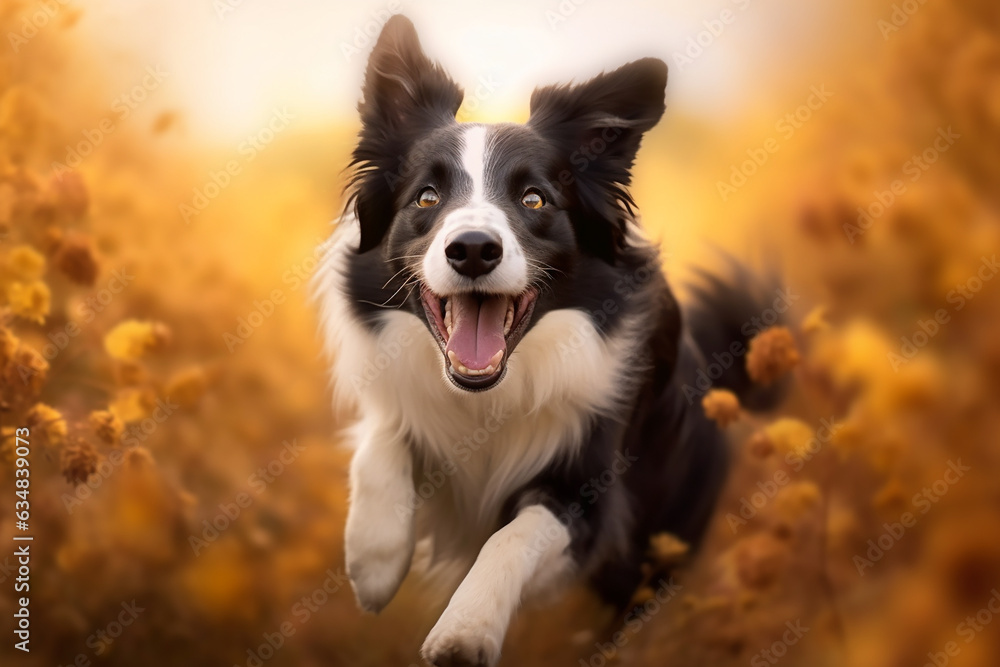 Happy border collie running in a field on a sunny day, outside