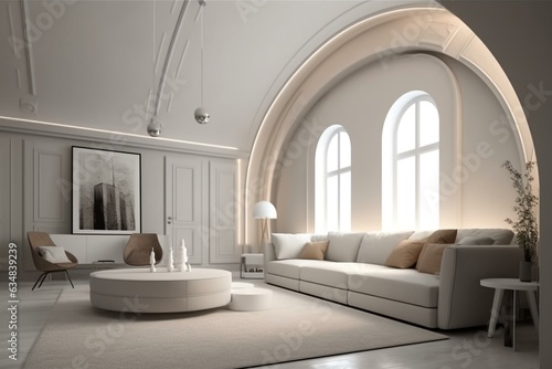 3D room design with sofa under arc. Generative AI