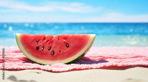 a slice of watermelon on a towel on the beach. generative ai