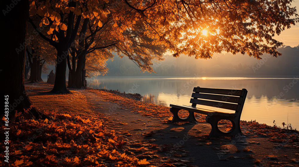 Autumn landscape of lake with beautiful autumn trees and bench