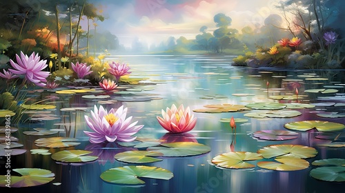  a painting of water lilies and lily pads in a pond.  generative ai photo