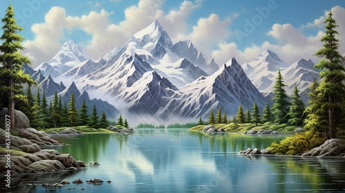  a painting of a mountain lake surrounded by pine trees and rocks. generative ai