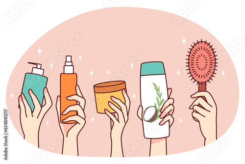 Hands holding bottles of cosmetic products. People recommend diverse beauty routine. Spa and cosmetology concept. Flat vector illustration.