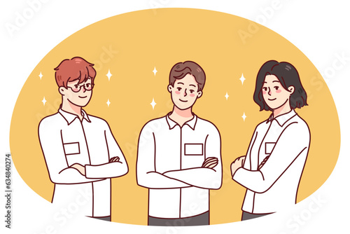 Portrait of businesspeople in uniform with badges showing confidence and professionalism. Workers in white shirts with IDs at workplace. Employment concept. Vector illustration.
