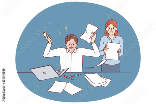 Furious boss yelling lecturing scared female secretary in office. Man businessman stressed at workplace scolding employee throwing papers. Vector illustration.