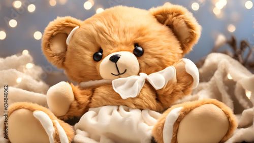 AI-Crafted Art: Cute Childhood Fantasy with Lovely Asian Baby Holding Pink Ribbon, Cheerful Teddy Bear in White Headband, Soft Brown Plush, Autistic Dream, Optical Goggles, Young Fun in Apartment.