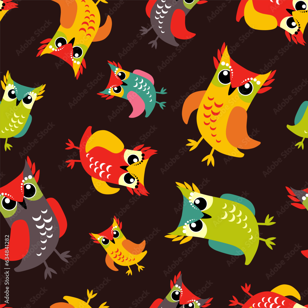 Pattern with owls, birds. A pattern of bright dreams on a dark background. The birds are made in a flat style.