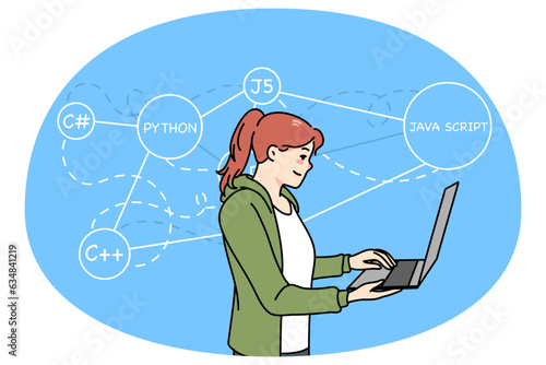 Female programmer working on computer writing codes. Woman coder or software engineer busy at laptop. PHP, Java and Python languages. Flat vector illustration.