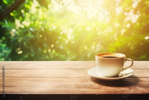 Coffee espresso on wood table nature background in garden