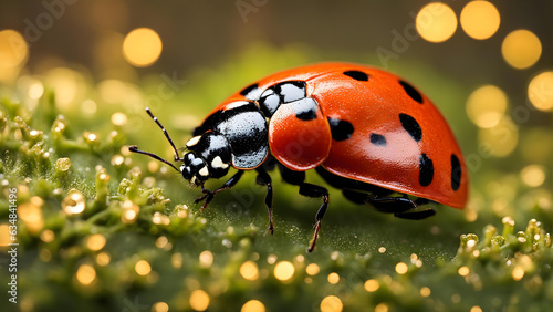 AI Generative Beauty: Macro Spring Closeup of Spotted Lady Beetle on Flower Leaf, Coccinellidae in Summer Garden, Nature's Small Wildlife Insect amidst Grass