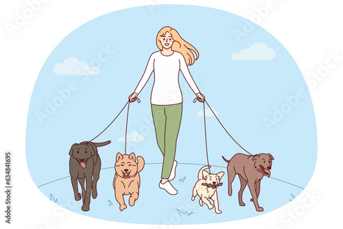 Smiling young woman with dogs on leashes walking in park. Happy girl pet walker with domestic animals outside. Vector illustration.