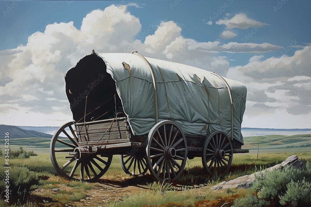 Acrylic painting of a covered wagon on the Oregon Trail. Generative AI