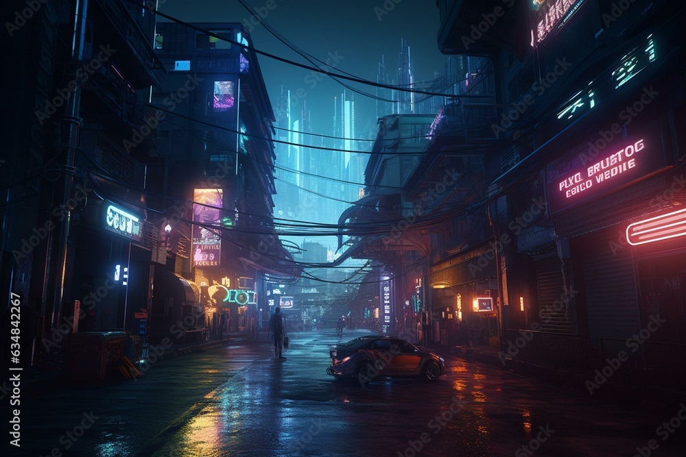 A high-tech metropolis inside the virtual world, characterized by neon lights and influenced by cyberpunk culture. Generative AI