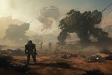 Sci-fi combat with mechs on foreign planet. Generative AI