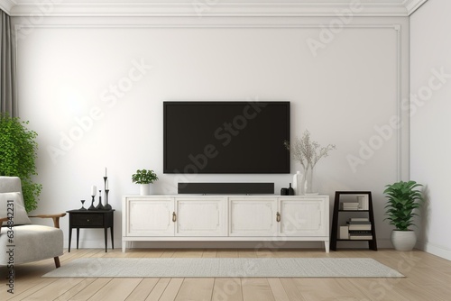 3D rendering of a white-walled room with a TV cabinet and display. Generative AI